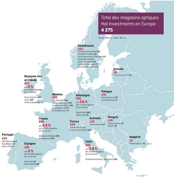 Carte européenne de l'implantation de GrandVision par Bien Vu dans l’Observatoire de l’optique 2019