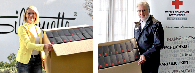 Susanna Kumpfmüller, directrice de la marque Evil Eye de Silhouette International et le Dr Aichinger Walter, président de la Croix-Rouge de Haute-Autriche