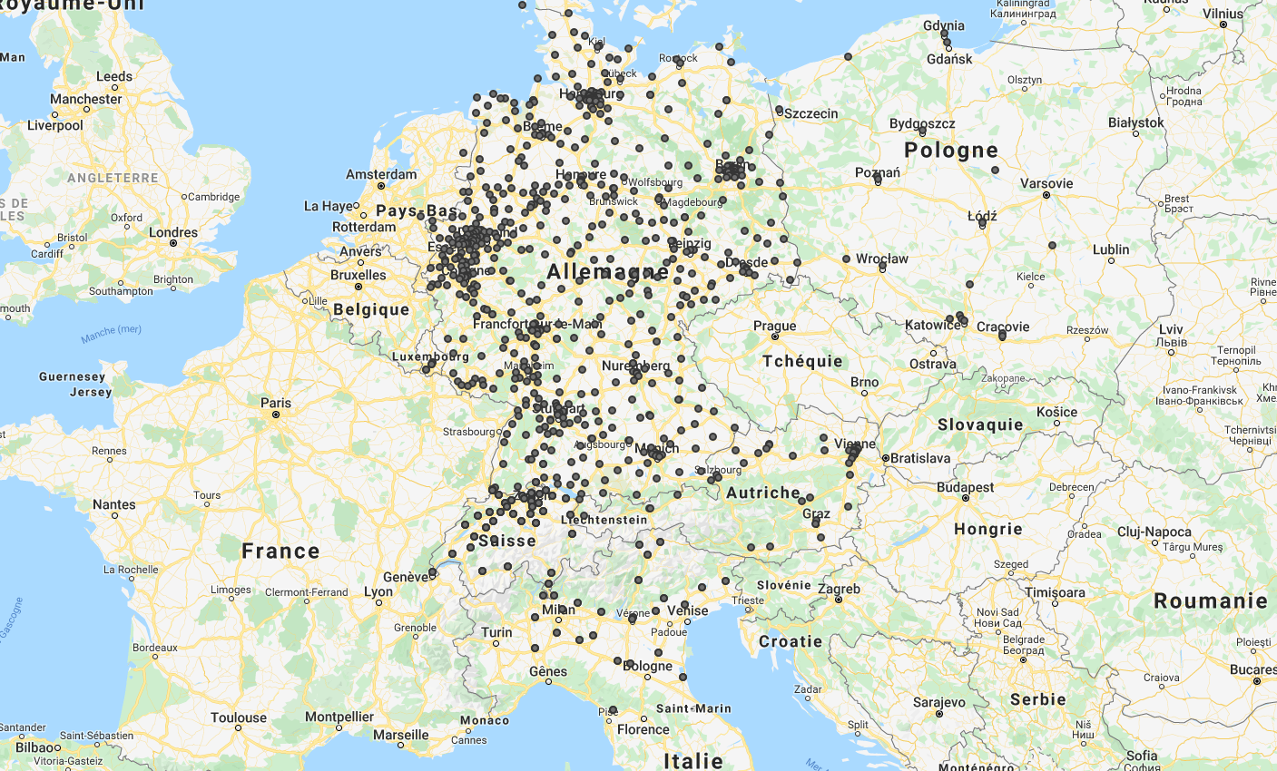 Les succursales de Fielmann en Europe. Les pays voisins de l’Allemagne sont investis progressivement, notamment l’Italie, où l’entreprise n’est pour l’instant présente que dans le Nord. Source : fielmann.ch