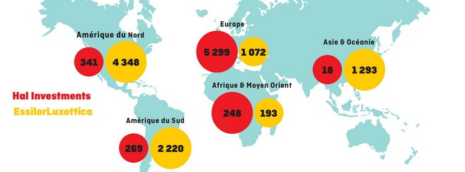 La présence d'EssilorLuxottica et GrandVision dans le monde