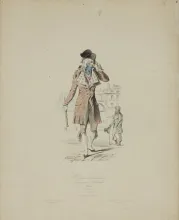 Gravure « Modes parisiennes » illustrant le costume excentrique des Incroyables (redingote avec une bosse dans le dos, cravate proéminante sur la poitrine … et paire de binocles), XIXe siècle, ©Musée de la Lunette - coll. Essilor-Pierre Marly. Photo : Pierre Guénat